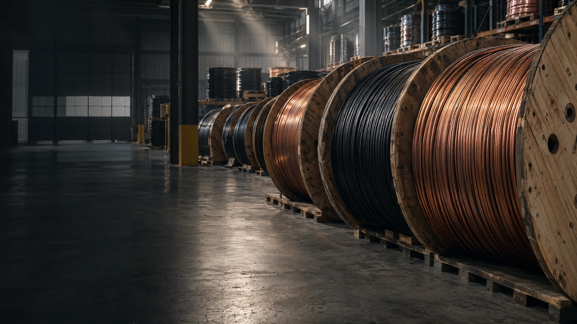 Illustrative industrial cable reels in a warehouse